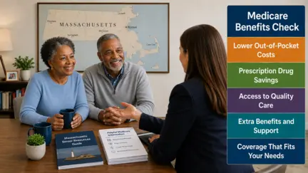 Seniors reviewing additional Medicare benefits in Massachusetts with Insurance Agent.