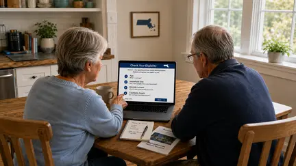 Senior couple reviewing Medicare benefits eligibility questions on a laptop in Massachusetts.