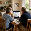 Senior couple reviewing Medicare benefits eligibility questions on a laptop in Massachusetts.