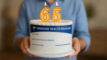 65th birthday cake with number candles and a Medicare card design wrap