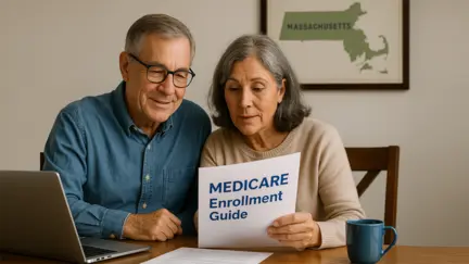 Couple reviews Medicare Enrollment Guide with Massachusetts map in the background.